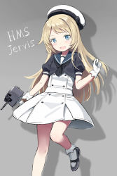 Rule 34 | 1girl, :d, bad id, bad pixiv id, beret, black neckwear, black shoes, blue eyes, blush, character name, cnm, colored eyelashes, crop top, dress, female focus, gloves, hat, highres, holding, holding weapon, jervis (kancolle), jewelry, kantai collection, leg up, long hair, looking at viewer, mary janes, necklace, open mouth, puffy short sleeves, puffy sleeves, shadow, shoes, short sleeves, smile, socks, solo, standing, standing on one leg, straight hair, tareme, very long hair, weapon, white dress, white gloves, white hat, white socks