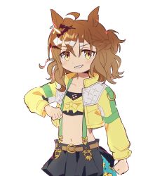 1girl animal_ears bandeau belt black_skirt blush brown_hair clenched_hands cropped_jacket flat_chest highres horse_ears jacket jungle_pocket_(umamusume) kin_utau long_sleeves looking_at_viewer medium_hair midriff navel open_clothes open_jacket open_mouth ponytail short_ponytail simple_background skirt smile solo suspender_skirt suspenders umamusume white_background yellow_eyes yellow_jacket