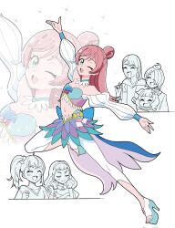 1boy 5girls ;d arm_up blue_skirt breasts brown_hair choker cleavage cosplay crop_top cure_la_mer cure_la_mer_(cosplay) ellee-chan full_body green_eyes handakuon highres hijiri_ageha hirogaru_sky!_precure laura_la_mer layered_skirt leggings long_hair midriff miniskirt multiple_girls navel nijigaoka_mashiro one_eye_closed open_mouth platform_footwear platform_heels precure skirt small_breasts smile solo_focus sora_harewataru stomach tropical-rouge!_precure white_background white_choker white_leggings yuunagi_tsubasa zoom_layer