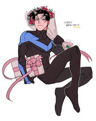 1boy batman_(series) birthday black_hair blue_eyes bodysuit bouquet dc_comics dick_grayson flower gift gloves male_focus nightwing simple_background solo