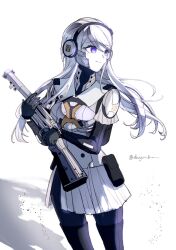 Rule 34 | 1girl, armor, bag, black gloves, black hairband, borrowed clothes, cowboy shot, gloves, gun, hairband, highres, holding, holding gun, holding weapon, kashimiya karua, long hair, looking to the side, purple eyes, rifle, satchel, skirt, solo, suoyuan960, the hundred line -last defense academy-, twitter username, weapon, white background, white skirt