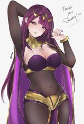 1girl black_bridal_gauntlets blush bodystocking bracelet breasts bridal_gauntlets brown_bridal_gauntlets cape circlet cleavage cosplay covered_navel fire_emblem fire_emblem_awakening fire_emblem_engage highres ivy_(fire_emblem) jewelry large_breasts long_hair looking_at_viewer medium_breasts navel nintendo pelvic_curtain purple_cape purple_eyes purple_hair see-through_bridal_gauntlets serafineart1001 skin_tight solo tharja_(fire_emblem) tharja_(fire_emblem)_(cosplay) tiara two-tone_cape very_long_hair