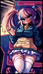 1girl arcade arcade_cabinet beckoning black_border blue_eyes blush border breasts closed_mouth collar hair_bobbles hair_ornament highres hood hoodie jacket large_breasts leaning leaning_back leaning_on_object looking_at_viewer mogy64 multicolored_hair nail_polish original panties pink_hair pleated_skirt sidelocks skirt smile solo streaked_hair sweat thighhighs thighs twintails underwear white_panties white_thighhighs window