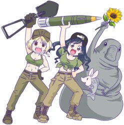 2girls 2others anonymous_(japanese) arm_up azov_battalion blonde_hair boots bow breasts brown_boots brown_eyes brown_gloves brown_pants cargo_pants cigarette crop_top flower gloves green_gloves green_hair green_shirt green_tank_top hand_on_own_hip happy hat holding holding_flower holding_missile holding_shovel homunculus_loxodontus jacket japanon kraken_(japanon) large_breasts leaning_to_the_side long_hair looking_at_viewer marichka medium_breasts midriff military military_uniform multiple_girls multiple_others navel open_mouth original outstretched_arm pants peaked_cap russo-ukrainian_war schweinokaras sharp_teeth shiny_eyes shirt shirt_bow short_hair shovel smoke squid_print stomach sunflower swastika_tattoo tank_top tattoo teeth tongue transparent_background ukraine