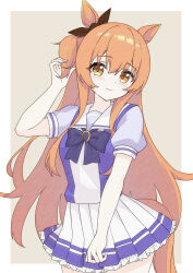 1girl absurdres animal_ears astroglia_cyte bow bowtie closed_mouth cowboy_shot ear_ribbon frilled_skirt frills grey_background hand_in_own_hair head_tilt highres horse_ears horse_girl horse_tail horseshoe_ornament long_hair looking_at_viewer mayano_top_gun_(umamusume) miniskirt orange_eyes orange_hair pleated_skirt puffy_short_sleeves puffy_sleeves purple_bow purple_bowtie purple_shirt sailor_collar school_uniform shirt short_sleeves skirt smile solo standing tail tracen_school_uniform two_side_up umamusume white_sailor_collar