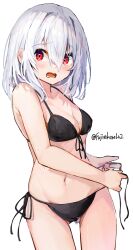 1girl artist_name bikini black_bikini blush breasts cleavage collarbone commentary_request cowboy_shot double-parted_bangs ear_blush embarrassed front-tie_bikini_top front-tie_top fuji_sakura hair_between_eyes highres long_bangs long_hair long_sidelocks looking_at_viewer lower_teeth_only medium_breasts navel open_mouth original raised_inner_eyebrows red_eyes side-tie_bikini_bottom sidelocks simple_background solo standing stomach swimsuit teeth thigh_gap tying_bikini water_drop wet white_background white_hair