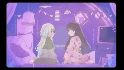 2girls black_border blonde_hair blue_hair border brown-framed_eyewear brown_hair brown_pants brown_shirt ceiling_light commentary_request crt dress floral_print floral_print_dress fujishima_megumi fujishima_megumi_(summer_loungewear) glasses hair_down highres indoors link!_like!_love_live! long_dress long_hair long_sleeves love_live! lyrics mira-cra_park! multiple_girls official_alternate_costume official_alternate_hairstyle osawa_rurino osawa_rurino_(summer_loungewear) pajamy_(vocaloid) pants parody pink_dress print_dress profile purple_background purple_eyes shirt skp1cnqfehmpasi song_name television translation_request two_side_up virtual_youtuber