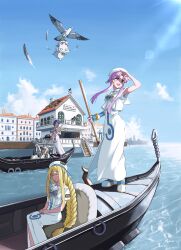 4others 6+girls absurdres aika_granzchesta akira_ferrari alice_carroll alicia_florence animal animal_on_head animal_on_lap aria_(manga) aria_company_uniform aria_pokoteng arm_up athena_glory beret bird black_cat black_hair blonde_hair blue_bow blue_bowtie blue_hair blue_sky boat boots bow bowtie bracelet braid building capelet cat cat_on_head cat_on_lap cityscape closed_eyes cloud collarbone curtained_hair day dress faceless feathers fingerless_gloves gloves gold_bracelet gold_trim gondola green_eyes green_hair hair_tubes haitempo hands_on_lap hands_up hat head_tilt high_heels highres hime_granzchesta himeya_company_uniform holding holding_oar house jewelry lens_flare long_dress long_hair mizunashi_akari multiple_girls multiple_others neo-venezia no_eyes oar ocean on_head on_lap open_mouth orange_planet_uniform outdoors outstretched_arms pink_hair pink_shoes president_maa railing sailor_collar seagull shoes short_hair short_hair_with_long_locks short_sleeves side_slit sidelocks single_braid single_glove sitting sky sleeping smile stairs standing_on_raft sun sunlight water watercraft white_boots white_capelet white_cat white_dress white_gloves