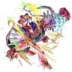 Rule 34 | artist request, colored sclera, dragon, full body, koraidon, lowres, nintendo, official art, open mouth, orange eyes, outer glow, pokemon, pokemon (creature), pokemon focus, second-party source, solo, sparkle, terastallization, transparent background, yellow sclera