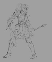 1girl absurdres alpyro armor artist_name belt belt_buckle belt_pouch buckle commentary cuirass cuisses elden_ring english_commentary full_body gauntlets greaves high_ponytail highres holding holding_sword holding_wand holding_weapon legs_apart monochrome pauldrons poleyn ponytail pouch rerebrace sabaton scar scar_on_face short_hair shoulder_armor shoulder_spikes sketch solo spiked_armor spiked_pauldrons spikes standing sword tarnished_(elden_ring) wand weapon