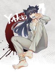1girl artemis_of_the_blue atelier_live barefoot black_eyes black_hair blue_tongue blunt_bangs chest_sarashi clenched_hand colored_tongue hair_ribbon highres open_clothes open_mouth ribbon ryuu_ga_gotoku_(series) ryuu_ga_gotoku_0 s!na sarashi shark_fin shark_girl sharp_teeth solo teeth virtual_youtuber yakuza