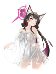 1girl absurdres alternate_costume animal_ear_fluff animal_ears blue_archive breasts brown_hair colored_inner_hair halo highres large_breasts moeking1102 multicolored_hair pink_hair simple_background solo wakamo_(blue_archive) white_background