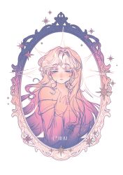 1girl absurdres border cheru_(cheruleanart) colored_eyelashes commentary dress english_commentary half-closed_eyes hand_on_own_chest highres lady_amalthea long_hair monochrome ornate_border simple_background sketch solo star_(symbol) the_last_unicorn upper_body white_background white_eyelashes