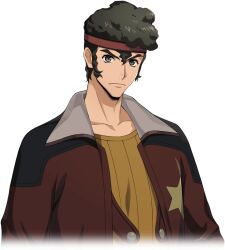 1boy arms_at_sides artist_request black_hair closed_mouth code_geass code_geass:_lost_stories collarbone cropped_torso facial_hair game_cg hair_between_eyes headband jacket long_sleeves male_focus matching_hair/eyes mutton_chops non-web_source official_art ohgi_kaname open_clothes open_jacket red_headband red_jacket ribbed_shirt shirt short_hair simple_background solo standing star_(symbol) transparent_background upper_body yellow_shirt