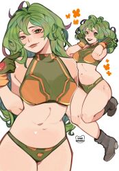 1girl artist_name belly bikini boku_no_hero_academia boots breasts curvy deku&#039;s_photo_of_hagakure_toru gloves green_bikini green_eyes green_gloves green_hair green_panties hagakure_toru highres kamii_momoru long_hair looking_at_viewer medium_breasts messy_hair navel official_alternate_costume open_mouth panties pink_streaks pointing pointing_at_self simple_background smile solo swimsuit turtleneck_bikini_top two-tone_gloves underwear unusually_visible white_background