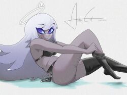 Rule 34 | 1girl, angel, bare shoulders, black bra, bra, breasts, dark-skinned female, dark skin, dated, dressing, emily (hazbin hotel), freckles, from side, garter belt, grey hair, halo, hazbin hotel, highres, large breasts, long hair, pink eyes, signature, simple background, solo, tachibanacat, underwear, white background, white hair
