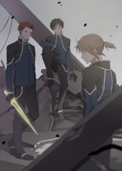 3boys arm_at_side arm_rest arms_at_sides black_footwear black_gloves black_hair black_pants blurry brown_eyes brown_hair depth_of_field gloves glowing glowing_sword glowing_weapon hair_slicked_back highres holding holding_sword holding_weapon kazama_souya kikuchihara_shirou knee_up male_focus multiple_boys pants ponytail profile red_eyes red_hair ruins shoes sitting standing sword utagawa_ryou_(world_trigger) weapon wind world_trigger yawai_tofu