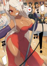 Rule 34 | !, 5boys, 6+girls, absurdres, all might, animal, bakugou katsuki, black dress, black eyes, black hair, black jacket, black vest, blonde hair, blue bow, blue bowtie, blue eyes, blush, boku no hero academia, bow, bowtie, breasts, brown shirt, buck teeth, character request, cleavage, closed eyes, collarbone, cosplay, crossover, dark-skinned female, dark skin, disney, dress, formal clothes, gloves, green jacket, green necktie, grin, gun, gwen (total drama), hair over one eye, hairband, heart, heart-shaped pupils, heather (total drama), highres, jacket, jessica rabbit, jessica rabbit (cosplay), large breasts, lauren (total drama), long hair, looking at viewer, microphone, midoriya izuku, mirko, multiple boys, multiple girls, music, musical note, necktie, overalls, purple gloves, purple hair, purple shirt, rabbit, rabbit ears, rabbit girl, rabbit tail, red dress, red eyes, red overalls, rifle, roger rabbit, shirt, short hair, side slit, singing, sleeveless, sleeveless dress, smile, sniper rifle, sparkle, speech bubble, spoken heart, spy x family, standing, strapless, strapless dress, suit, symbol-shaped pupils, table, tablecloth, teeth, tony welt, total drama, trait connection, tube top, twilight (spy x family), twintails, vest, weapon, white fur, white hair, white shirt, who framed roger rabbit, yellow gloves, yellow necktie, yor briar