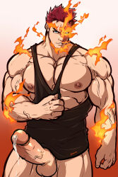 Rule 34 | 1boy, absurdres, bara, biceps, black tank top, boku no hero academia, burning, commentary, endeavor (boku no hero academia), english commentary, erection, fiery hair, fire, gay, highres, kuroshinki, looking at viewer, male focus, muscular, muscular male, pectorals, penis, precum, red hair, scar, scar across eye, scar on face, signature, tank top, veins, veiny arms, veiny penis