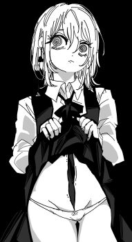 Rule 34 | 1girl, chainsaw man, closed mouth, clothes lift, collared shirt, death devil (chainsaw man), deep wound, dress, dress lift, earrings, fami (chainsaw man), greyscale, highres, injury, jewelry, lifting own clothes, long sleeves, medium hair, monochrome, nkmrn2k, panties, pinafore dress, ringed eyes, shirt, sleeveless, sleeveless dress, solo, underwear