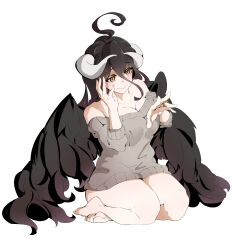 Rule 34 | 1girl, absurdres, albedo (overlord), black hair, demon girl, demon horns, demon wings, dress, highres, horns, overlord (maruyama), shumazarashi, solo, sweater, sweater dress, virtual youtuber, wings, yellow eyes