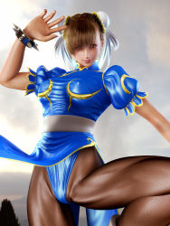 1girl 3d breasts capcom chun-li clothes_lift cloud cowboy_shot female_focus incise_soul m-rs outdoors pantyhose skirt skirt_lift sky smile solo spread_legs standing street_fighter