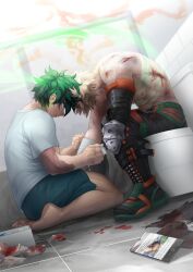 2boys absurdres bakudeku bakugou_katsuki bandages bare_legs barefoot bathroom bathtub bite_mark blonde_hair blood boku_no_hero_academia bones_(company) boots cellphone feet freckles green_eyes green_hair highres indoors keiitllyn legs midoriya_izuku multiple_boys phone scar scar_on_arm scratches shirt shorts shounen_jump sitting soles superhero_costume toes toilet toned yaoi