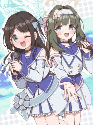 2girls :d ;d airi_(blue_archive) black_hair blue_archive blue_bow blue_eyes blue_sailor_collar blush bow detached_sleeves feet_out_of_frame flower frilled_skirt frills green_eyes green_hair hair_bow hairband halo highres holding holding_microphone long_hair long_sleeves matching_outfits microphone multiple_girls nose_blush one_eye_closed open_mouth outstretched_arm pink_bow pink_flower pleated_skirt sailor_collar shirt skirt smile tsumugi_(blue_archive) two_side_up unadon_(unadoom) white_hairband white_shirt white_skirt white_sleeves