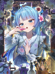 1girl :o =_hair_ornament absurdres ahoge arahashi_tabi blue_eyes blue_hair blush braid braided_bun commentary_request cosmetics floral_print flower fur-trimmed_jacket fur_trim hair_bun hair_flower hair_ornament hairclip hand_on_own_chest hand_up heart heart_ahoge highres holding holding_lipstick_tube indoors jacket jo_lolita korean_clothes lamp lipstick lipstick_tube lolita_fashion long_hair long_sleeves looking_at_mirror makeup mirror open_mouth pink_flower pungdangi_(arahashi_tabi) reflection reflection_focus s.jeti solo stellive virtual_youtuber