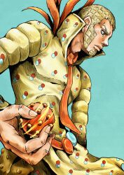 1boy absurdres aqua_background araki_hirohiko_(style) ball beard belt blonde_hair commentary commentary_request facial_hair hatching_(texture) high_collar highres holding holding_ball jojo_no_kimyou_na_bouken kaib0y long_sleeves male_focus necktie orange_belt orange_necktie shirt short_hair sideburns solo spinning steel_ball_(jojo) steel_ball_run very_short_hair wekapipo yellow_eyes yellow_shirt