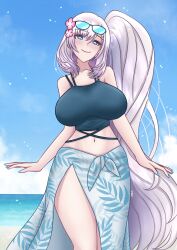 Rule 34 | 1girl, beach, bikini, bikini top only, blue eyes, blue nails, breasts, flower, hair flower, hair ornament, hololive, hololive indonesia, large breasts, nail polish, pavolia reine, sarong, summer, sunglasses, sunglasses on head, swimsuit, virtual youtuber, white hair