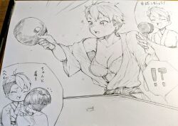 Rule 34 | !?, art tools in frame, ball, blush, bra, breasts, cleavage, commentary request, gasuri govan, greyscale, harukawa fuki, holding table tennis paddle, large breasts, lycoris recoil, monochrome, open mouth, otome sakura, short hair, sweat, table tennis ball, teeth, translation request, underwear, upper teeth only, wardrobe malfunction