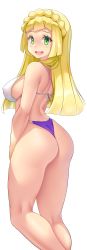 Rule 34 | 1girl, absurdres, achromaru, ass, bikini, blonde hair, breasts, green eyes, highres, large breasts, legs, lillie (pokemon), long hair, looking at viewer, looking back, nintendo, open mouth, pokemon, pokemon sm, sideboob, smile, solo, swimsuit, thighs, thong bikini