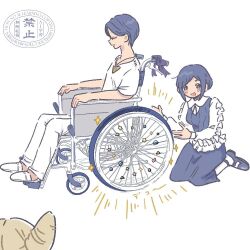 Rule 34 | 1boy, 2girls, blue eyes, blue hair, blue skirt, closed eyes, collared shirt, commentary request, cone hair bun, decorating, decorations, double bun, frilled shirt, frilled sleeves, frills, fukurai azami, full body, hair bun, jasmine (toshi densetsu kaitai center), kneeling, long sleeves, looking at viewer, meguriya ayumu, multiple girls, open mouth, out of frame, pants, shirt, short hair, short sleeves, simple background, sitting, skirt, smile, sparkle, toshi densetsu kaitai center, triangle necklace, tsumiki (svooooof), wheelchair, white background, white pants, white shirt
