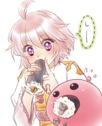 1girl ahoge arch_bishop_(ragnarok_online) blush closed_mouth commentary_request cross dress eating ehoumaki food makizushi pink_hair poring purple_eyes ragnarok_online red_dress sasamuke_pika short_hair slime_(creature) solo sushi two-tone_dress upper_body white_dress