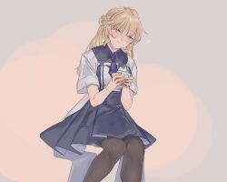 1girl alcohol black_pantyhose blonde_hair blue_eyes blush closed_mouth cup dress hair_between_eyes hair_bun half-closed_eyes highres holding holding_cup invisible_chair kabe_(inunufuwafuwa) kantai_collection long_hair necktie pantyhose ranger_(kancolle) short_necktie short_sleeves simple_background sitting solo squeans