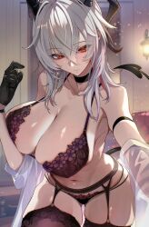 1girl arm_strap armband bare_shoulders black_armband black_bra black_choker black_horns black_panties black_tail bra breasts choker cleavage closed_mouth commentary_request cowboy_shot crossed_bangs curled_horns earrings garter_belt garter_straps highres horns huge_breasts indoors jewelry key_earrings lingerie long_hair mole mole_under_eye multicolored_hair navel off_shoulder omoti_(1201208) panties red_eyes shirt solo streaked_hair underwear white_hair white_shirt wuthering_waves zani_(wuthering_waves)