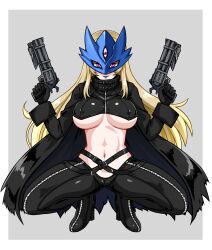 1girl absurdres beelstarmon belt belt_collar black_belt black_boots black_coat black_gloves black_mask black_pants black_vest blonde_hair boots breasts closed_mouth coat collar commentary commission covered_erect_nipples cropped_vest digimon digimon_(creature) eye_mask full_body gloves goriate grey_background gun high_heel_boots high_heels highres holding holding_gun holding_weapon jacket large_breasts leather leather_jacket leather_pants lipstick long_hair long_sleeves looking_at_viewer makeup mask multiple-barrel_gun navel pants pink_eyes pixiv_commission purple_lips sidelocks simple_background smile solo squatting stomach third_eye tight_clothes tight_pants toned toned_female underboob vest weapon zipper