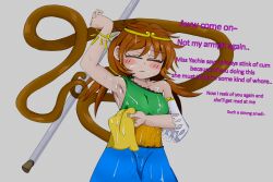Rule 34 | 1girl, arm up, armpits, brown hair, bukkake, cum, cum on hair, dress, highres, monkey girl, monkey tail, multicolored clothes, navel, self-upload, single-shoulder dress, son biten, sweat, tail, touhou, twintails, xsmile