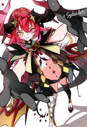 1girl argyle_clothes argyle_thighhighs artist_name black_gloves black_shorts black_thighhighs blonde_hair commentary commission cyllu english_commentary foreshortening gloves grey_eyes heterochromia highres horns indie_virtual_youtuber multicolored_hair multicolored_horns outstretched_arms red_hair red_pupils red_ribbon ribbon short_shorts shorts sidelocks simple_background solo spiked_horns standing sydus thighhighs twintails two-tone_hair two-tone_horns virtual_youtuber white_background white_thighhighs yellow_eyes