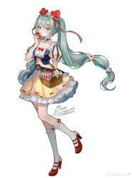 Rule 34 | 1girl, absurdres, apple, chibi, closed mouth, food, fruit, full body, hatsune miku, highres, holding, holding food, holding fruit, kneehighs, long hair, looking at viewer, mie haha, red shoes, shoes, simple background, skirt, snow white, socks, solo, twintails, very long hair, vocaloid, white background, white socks, yellow skirt