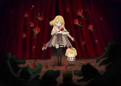 1girl :d alligator black_socks blonde_hair bob_cut bowing brown_coat brown_footwear brown_skirt brown_sleeves cd_usr closed_eyes closed_mouth coat collared_shirt commentary crocodilian crying curtains detective dot_nose english_commentary fist_pump flower forehead full_body grin hand_on_own_chest high-waist_skirt hololive hololive_english indoors investigator_(amelia_watson) legs_apart long_sleeves medium_hair necktie open_mouth outstretched_arm parted_bangs pleated_skirt red_necktie rose shadow sharp_teeth shirt skirt smile smol_ame socks solo_focus stage standing streaming_tears tears teeth thigh_gap thigh_strap v-shaped_eyebrows virtual_youtuber watson_amelia watson_amelia_(1st_costume) white_shirt