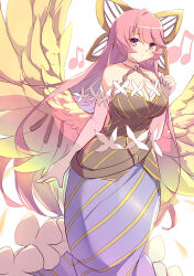 1girl absurdres breasts cleavage closed_mouth commentary_request conductor conductor_baton detached_sleeves dosolfachord_coolia dress duel_monster elbow_gloves feathered_wings gloves gransolfachord_coolia hair_ornament halterneck highres kanzakietc large_breasts long_hair multicolored_eyes pink_hair purple_eyes sleeves_past_fingers sleeves_past_wrists smile solo stick white_gloves wings yu-gi-oh!