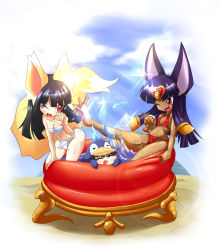 3girls animal_costume animal_ears bikini black_hair blush breasts dark_skin dark-skinned_female day covered_erect_nipples closed_eyes fox_ears fox_tail long_hair medium_breasts multiple_girls one_eye_closed open_mouth original penguin_costume queen_anubis red_eyes sarashi sky small_breasts swimsuit tail tsune-hime ukan_muri wading_pool wink