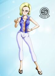 Rule 34 | 1girl, android, android 18, blonde hair, blue eyes, blush, blush stickers, breasts, cleavage, dragon ball, dragonball z, earrings, feet, flip-flops, highres, jewelry, medium breasts, navel, no shirt, open clothes, open vest, pants, puyasawyer, sandals, short hair, simple background, toenails, toes, vest, watermark, white pants