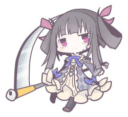 1girl black_dress black_hair blue_ribbon chibi death_alma dress emil_chronicle_online frilled_dress frills hair_ribbon hair_rings holding holding_scythe homurabi purple_eyes purple_ribbon ribbon scythe white_background