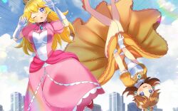 2girls blonde_hair blue_eyes blue_sky breasts brown_dress brown_hair brown_shoes building cloud cloudy_sky commentary_request commission covering_crotch covering_privates crown day dress elbow_gloves gloves high_heels kou_hiyoyo long_hair mario_(series) medium_breasts midair mini_crown multiple_girls nintendo one_eye_closed open_mouth outdoors princess_daisy princess_peach red_shoes shoes skeb_commission sky upside-down very_long_hair white_gloves