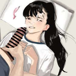 1boy 1girl after_ejaculation bad_id bad_pixiv_id bar_censor black_eyes black_hair censored condom cum cum_bubble cum_in_eye cum_on_body erection facial grin hetero highres hiramedousa long_hair looking_at_viewer one_eye_closed original penis ponytail shirt smile t-shirt used_condom