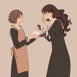 2girls 55bata6rou asakura_momo_(marimite) black_serafuku black_shirt black_skirt blush brown_eyes brown_hair closed_eyes closed_mouth eating feet_out_of_frame food food_on_face from_side highres holding holding_food holding_plate lillian_girls&#039;_academy_school_uniform long_hair long_sleeves looking_at_another maria-sama_ga_miteru multiple_girls neckerchief onigiri plate pleated_skirt profile sailor_collar school_uniform serafuku shirt short_hair simple_background skirt smile standing tsutsui_tamaki wavy_hair white_neckerchief white_sailor_collar