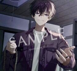 Rule 34 | 1boy, architecture, beckoning, black hair, copyright notice, ear piercing, east asian architecture, hair between eyes, holding, holding rope, inaotteko ze, indoors, jacket, jewelry, lamp, long sleeves, looking at viewer, male focus, nijisanji, official art, open clothes, open jacket, piercing, purple eyes, purple jacket, ring, rope, saiki ittetsu, sample watermark, shirt, short hair, shouji, sliding doors, smile, solo, straight-on, upper body, virtual youtuber, watermark, white shirt